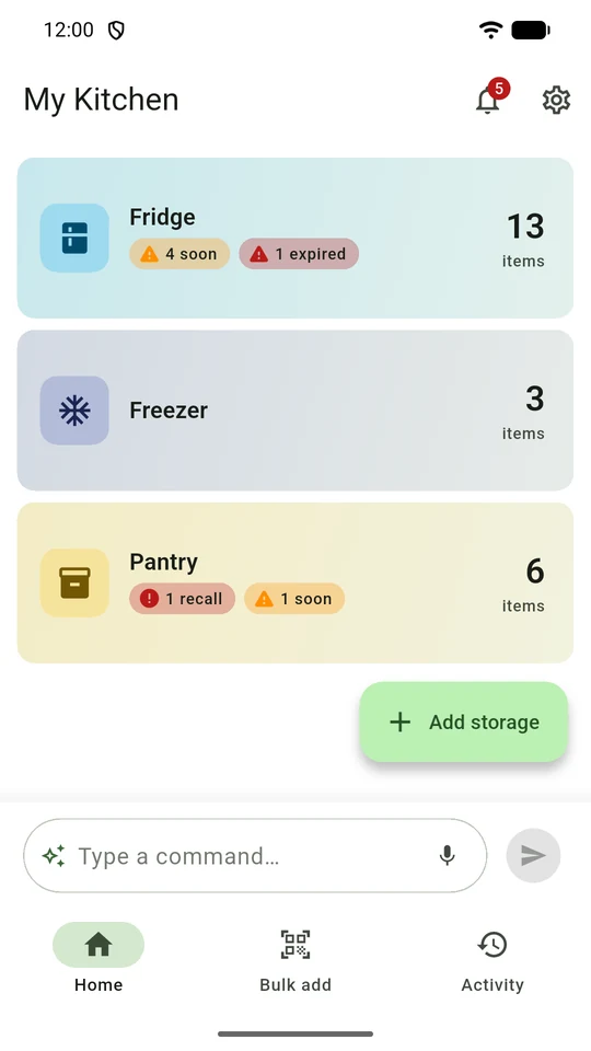 Provianty home screen: Fridge, Freezer and Pantry, each with a count of items and badges for food that expires soon