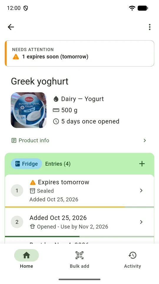 Detail screen for Greek yoghurt in the fridge: one sealed pack expires tomorrow, an opened one has a use-by date